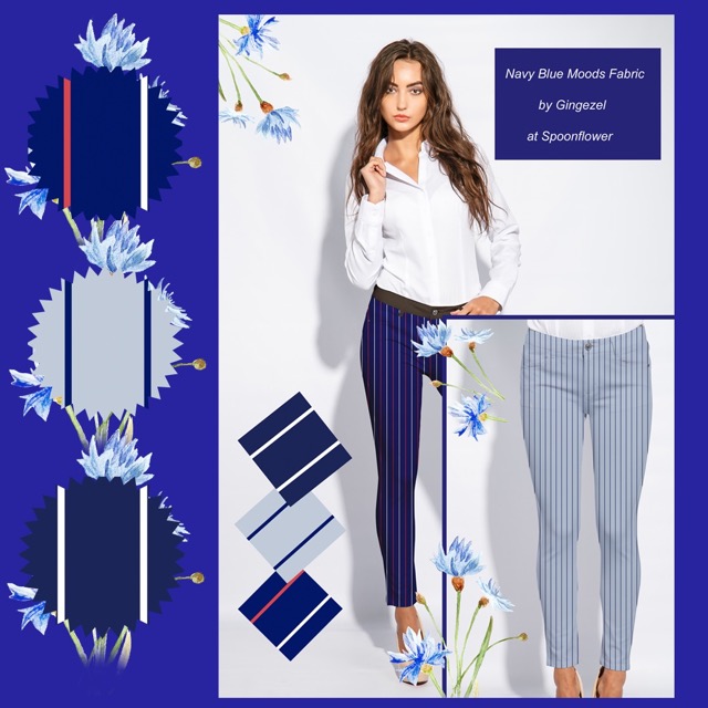 A mockup showing the pinstripe fabrics in the Navy Blue Moods Collection at Spoonflower as pants.