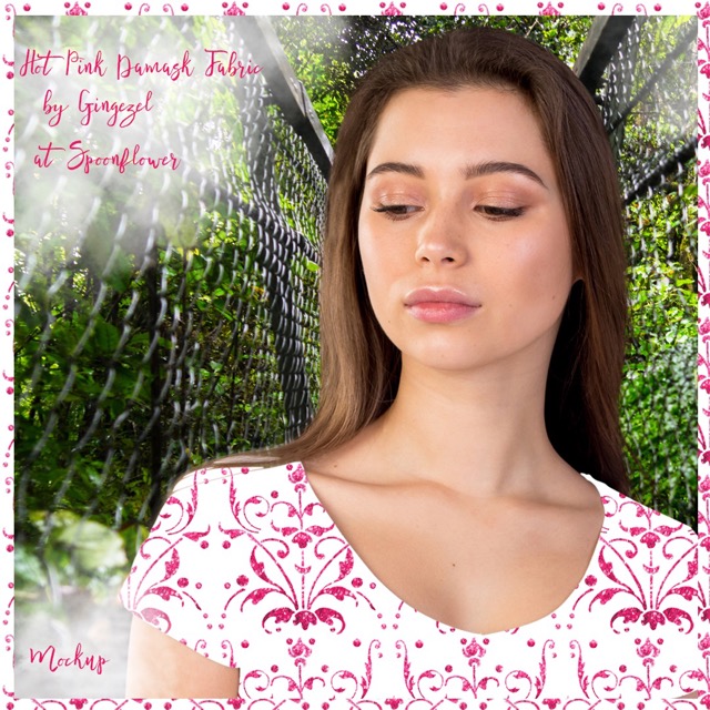 This pretty feminine pink damask top mockup has fabric from the Hot Pink and Bright Pink Collection at Spoonflower.